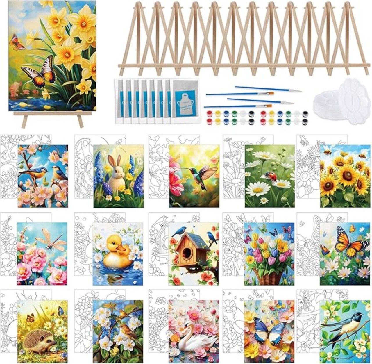 16-Pack Pre-Drawn Canvas Paint Kit for Adults – 8x10 Preprinted Framed Paint and Sip Party Supplies with Easels, Brushes, Palettes, and Aprons (Garden Theme, 16 Sets)